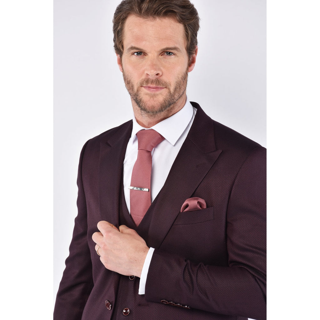 CB Oliver Tailored Slim Fit Textured 3 Piece Suit - Burgundy