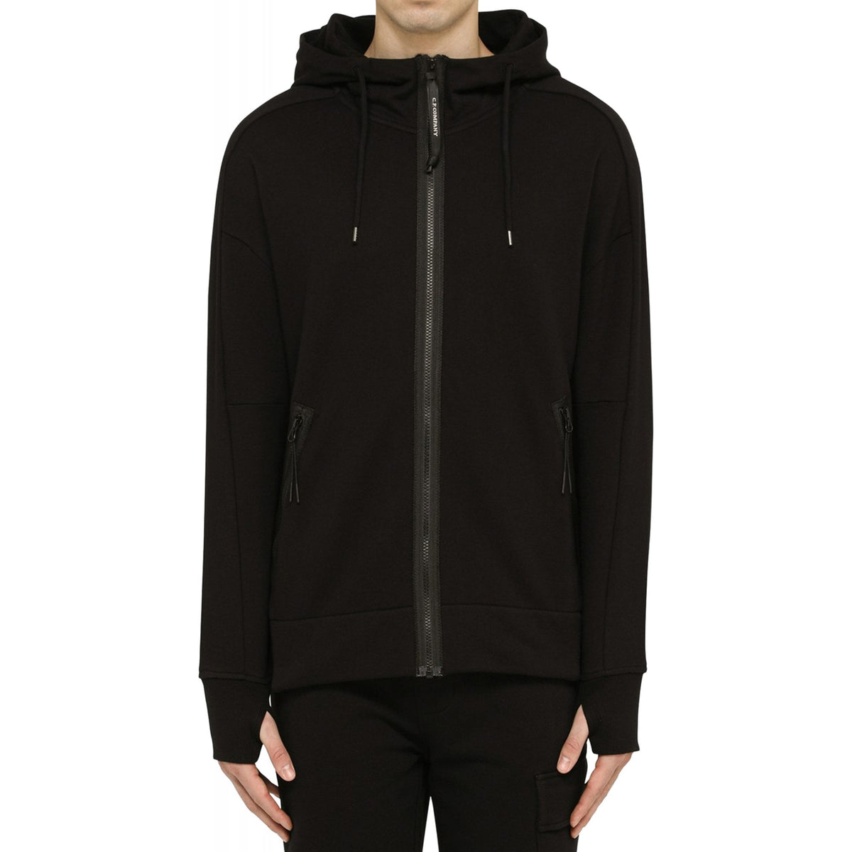 C.P. Company 082A Diagonal Raised Fleece Zip Through Goggle Hood Top - Black