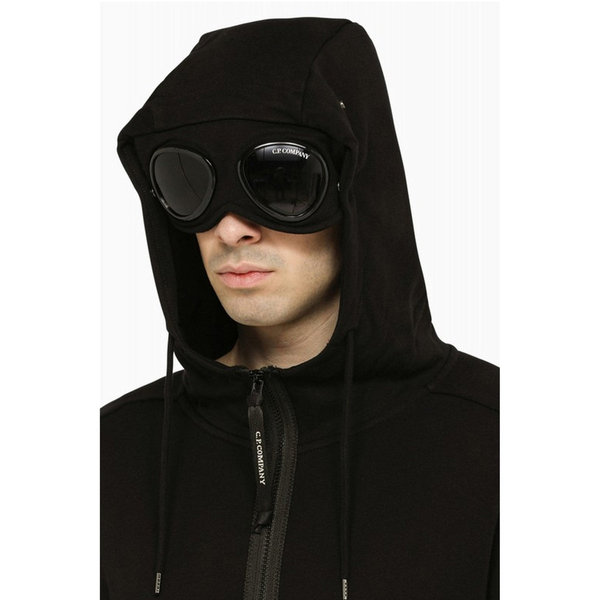 C.P. Company 082A Diagonal Raised Fleece Zip Through Goggle Hood Top - Black