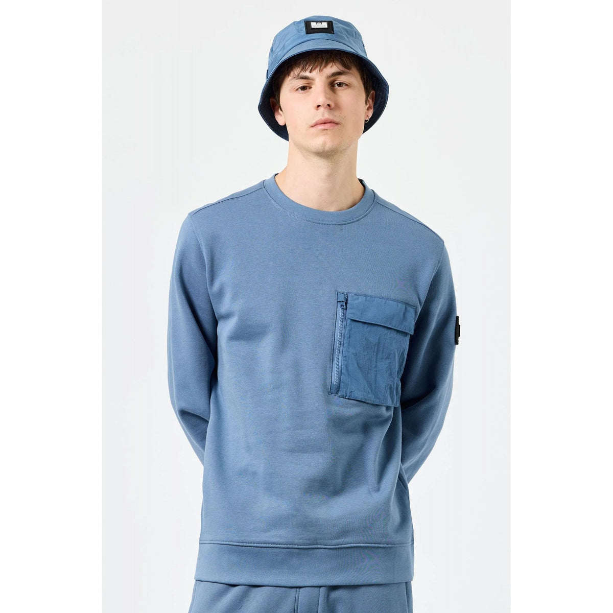 Weekend Offender 2405 Neve Nylon Pocket Cotton Crew Sweat Top - Baltic Blue