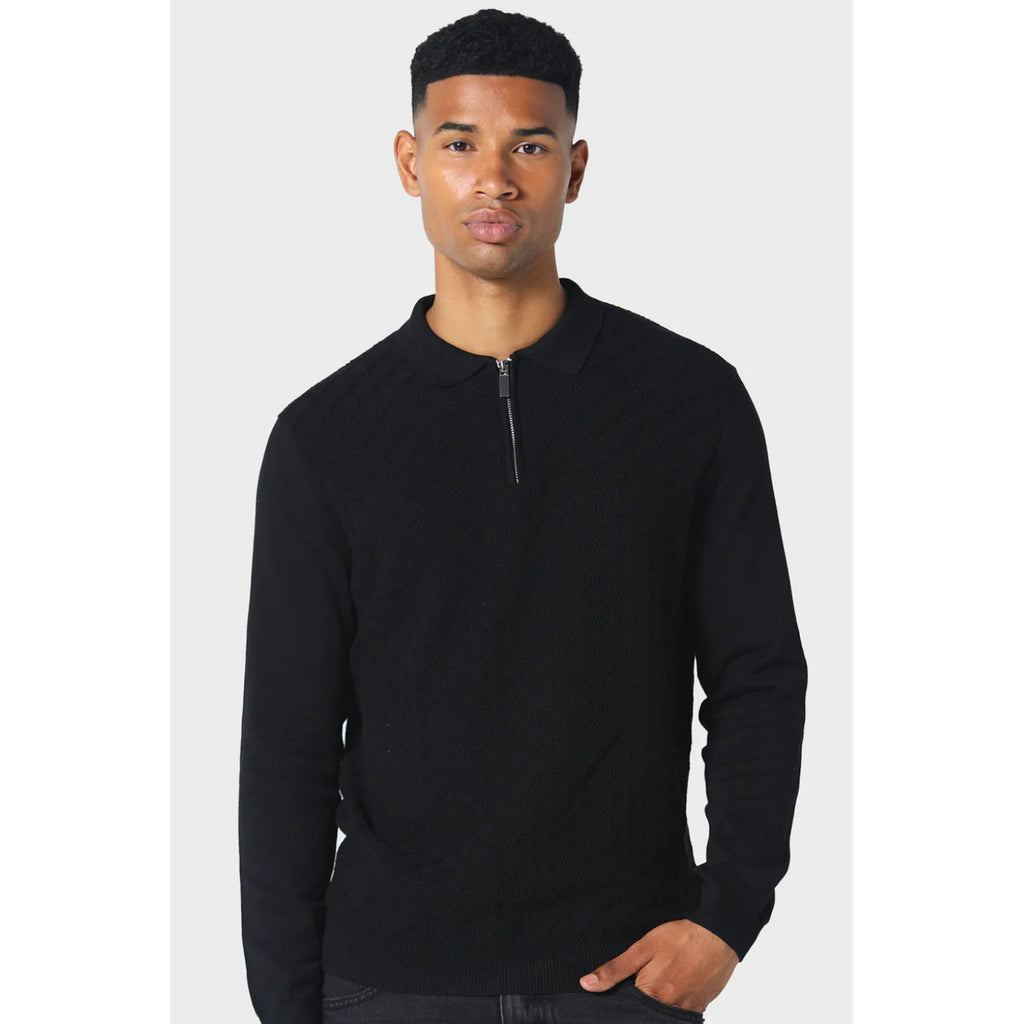 Police Fleetwood 0233 Quarter-Zip Knitwear Jacquard Detail Cotton Polo Jumper