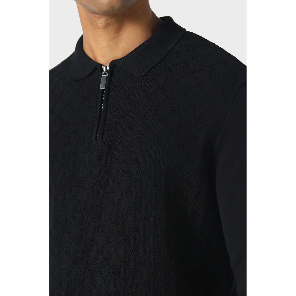 Police Fleetwood 0233 Quarter-Zip Knitwear Jacquard Detail Cotton Polo Jumper
