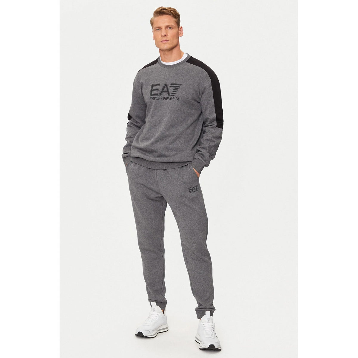 EA7 | Emporio Armani 6DPV64 PJVTZ Overprint Logo Sweat Top Jogger Tracksuit Set - Dark Grey Marl