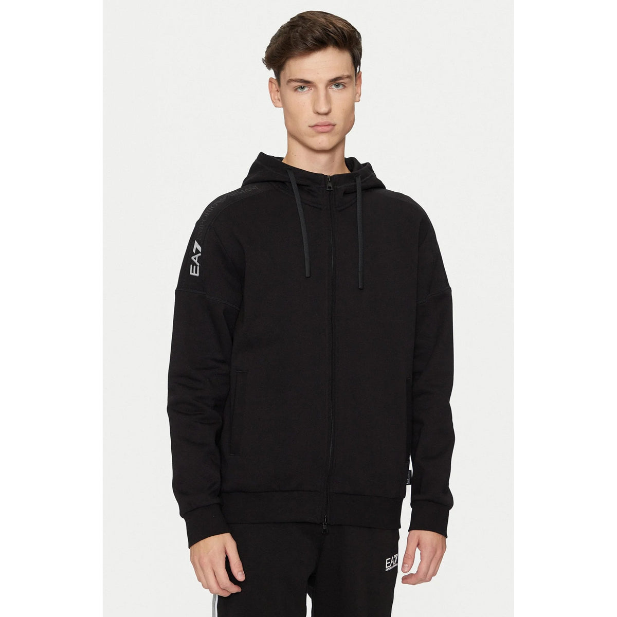 EA7 | Emporio Armani 6DPM14 PJVTZ Contrast Right Shoulder Tape Logo Full Zip Hood Top - Black