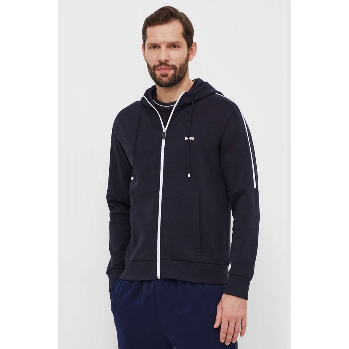 Hugo Boss | 50511516 Saggynos Lightweight Contrast Stripe Full Zip Hood Track Top - Navy