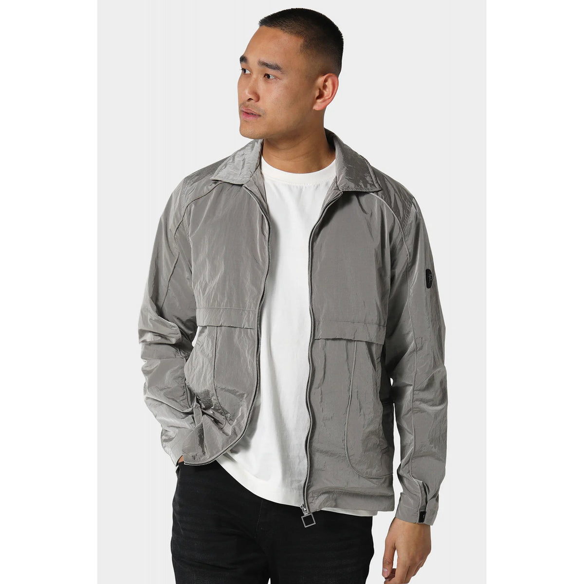 Police Leemore 0840 Metal Logo Full Zip Shirt-Style Collar Lightweight Nylon Jacket - Slate Grey