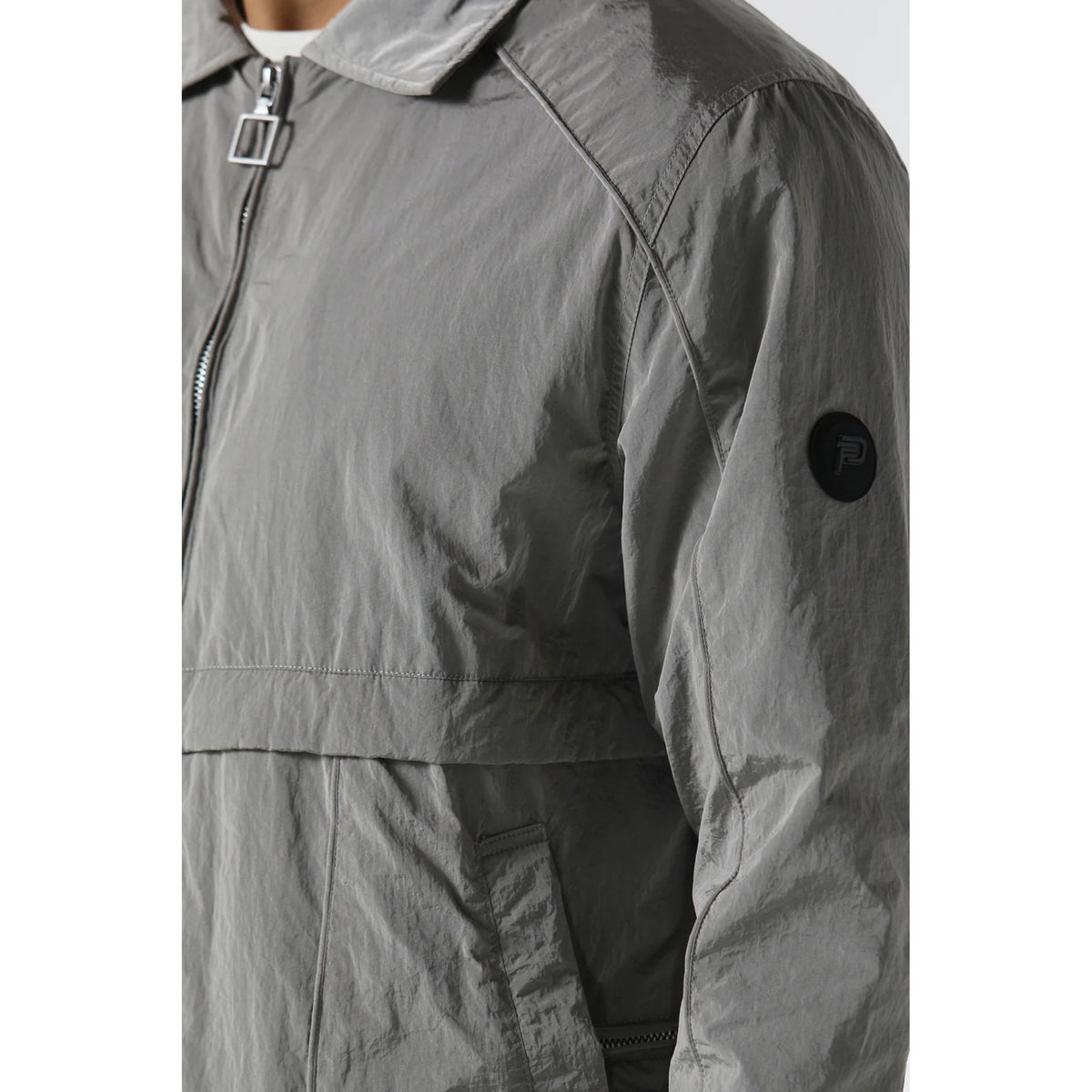 Police Leemore 0840 Metal Logo Full Zip Shirt-Style Collar Lightweight Nylon Jacket - Slate Grey