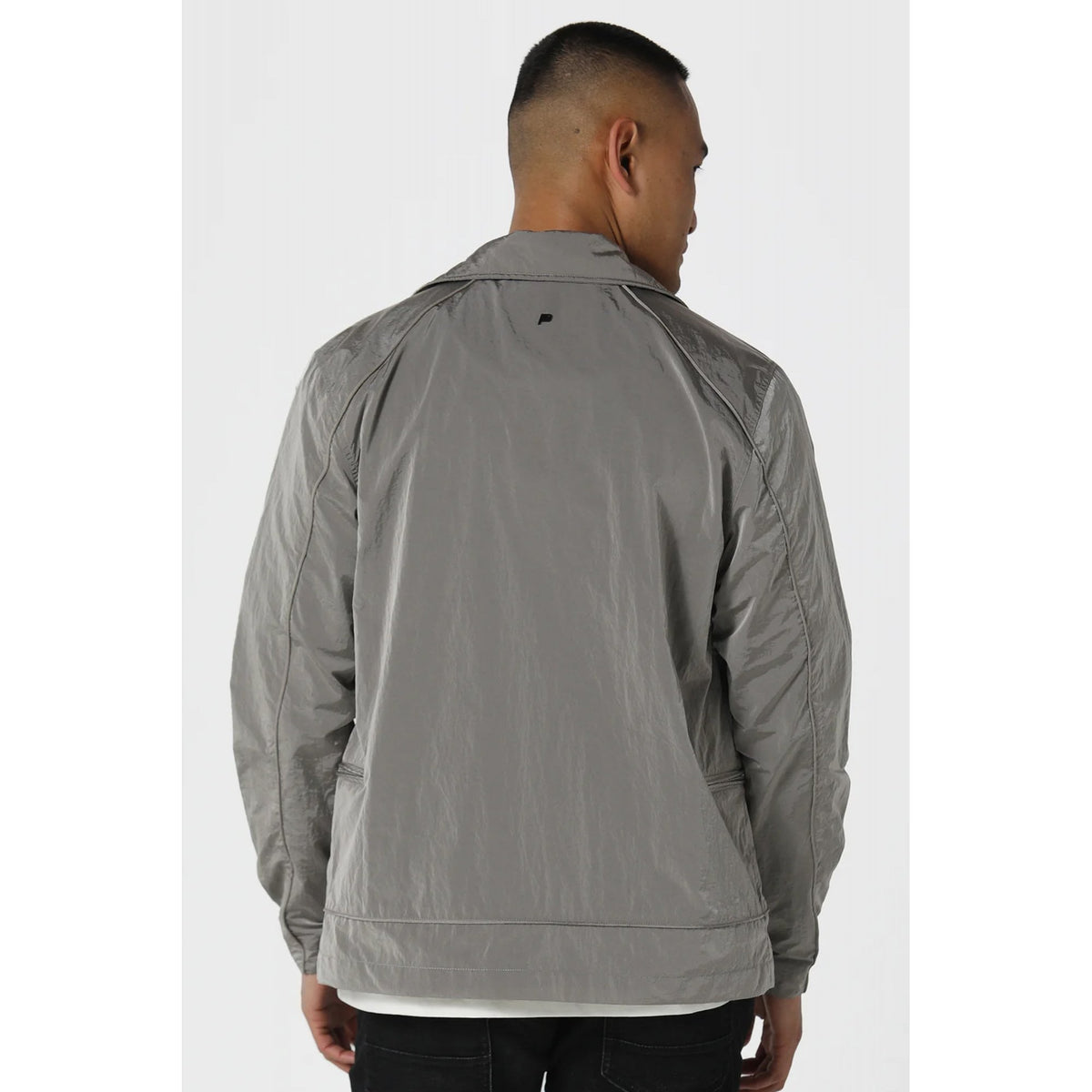 Police Leemore 0840 Metal Logo Full Zip Shirt-Style Collar Lightweight Nylon Jacket - Slate Grey