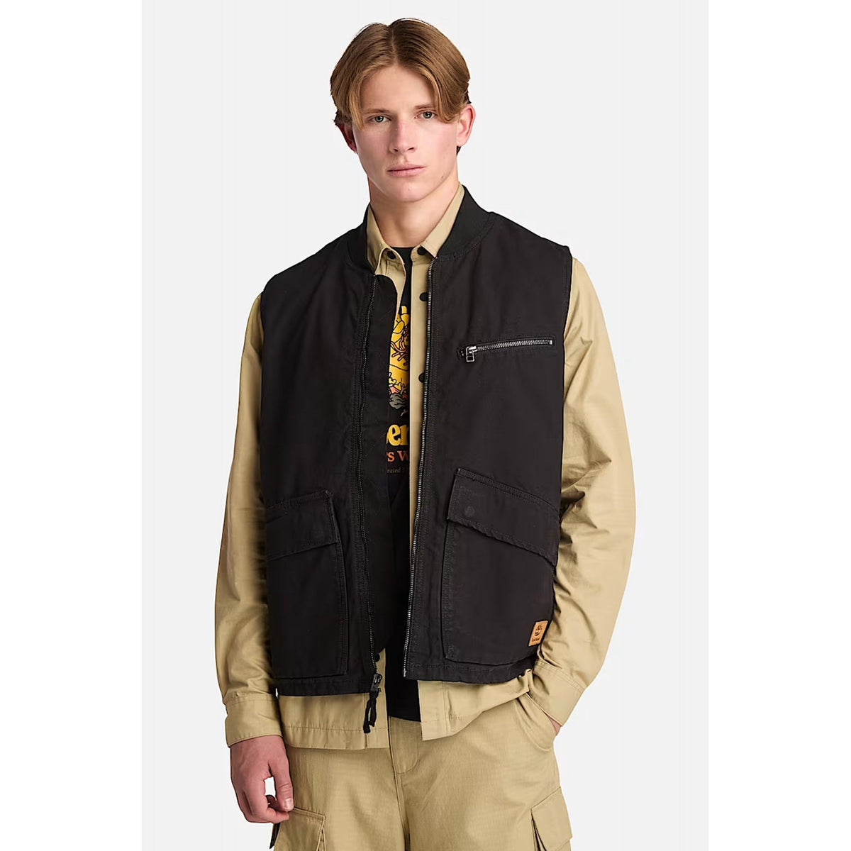 Timberland TB0A6GF7 Washed Canvas Baseball Collar Lightweight Cotton Vest Gilet - Black