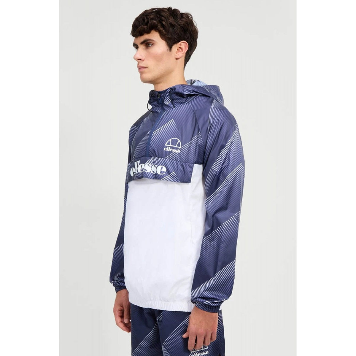 Ellesse Fiorisa 1902 Crosshatch Quarter-Zip Overhead Windbreaker Lightweight Jacket - Navy/White