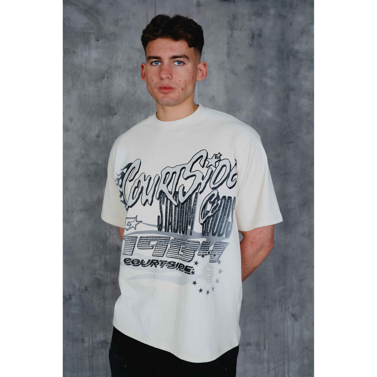 Courtside | Sawyer Oversized Relaxed Fit Enlarge 1984 Retro Print Half Sleeve T-Shirt - Ecru
