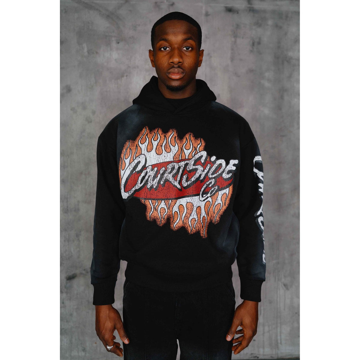 Courtside | Mackey Oversized Relaxed Fit Enlarge Cracked Retro Print Overhead Hood Top - Black