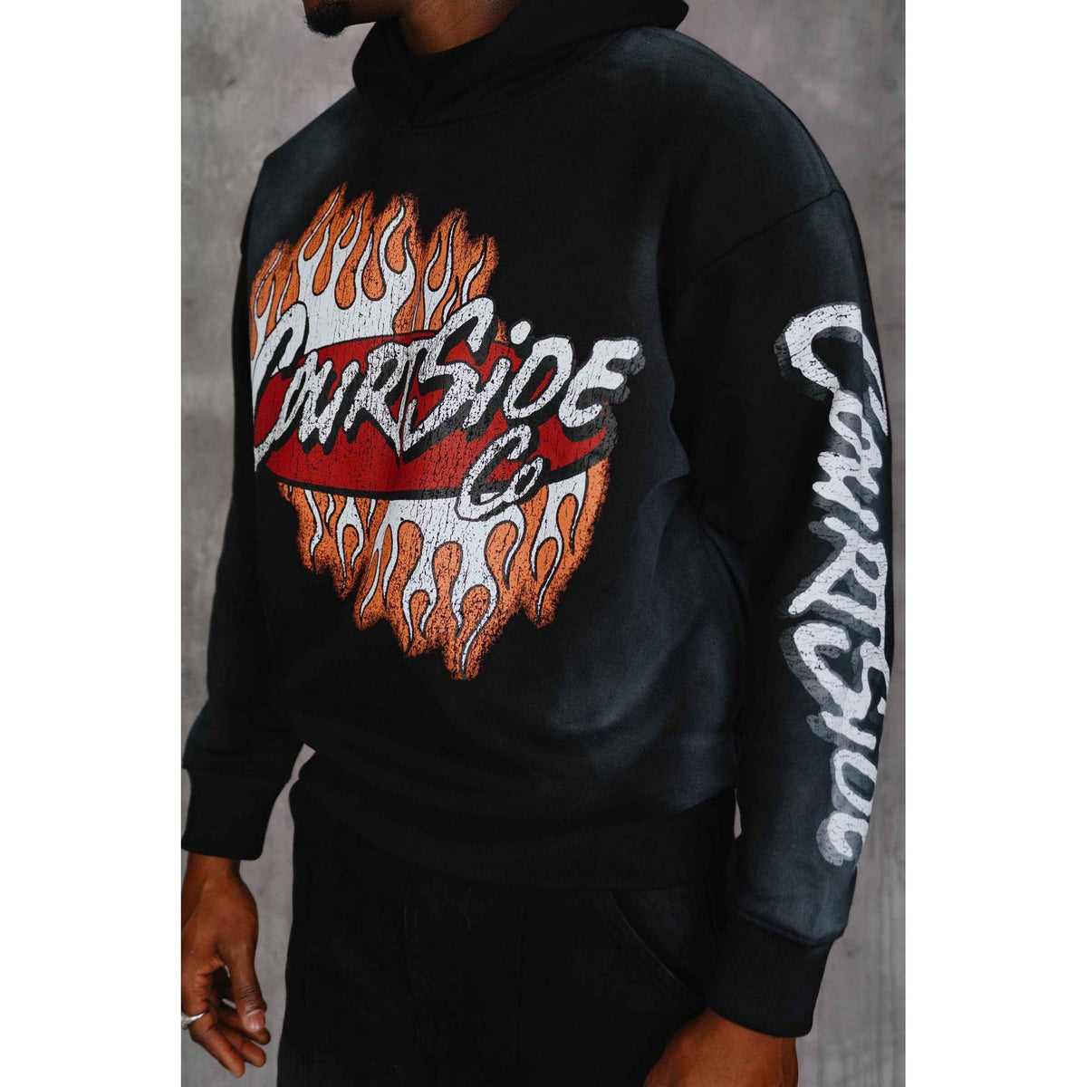 Courtside | Mackey Oversized Relaxed Fit Enlarge Cracked Retro Print Overhead Hood Top - Black