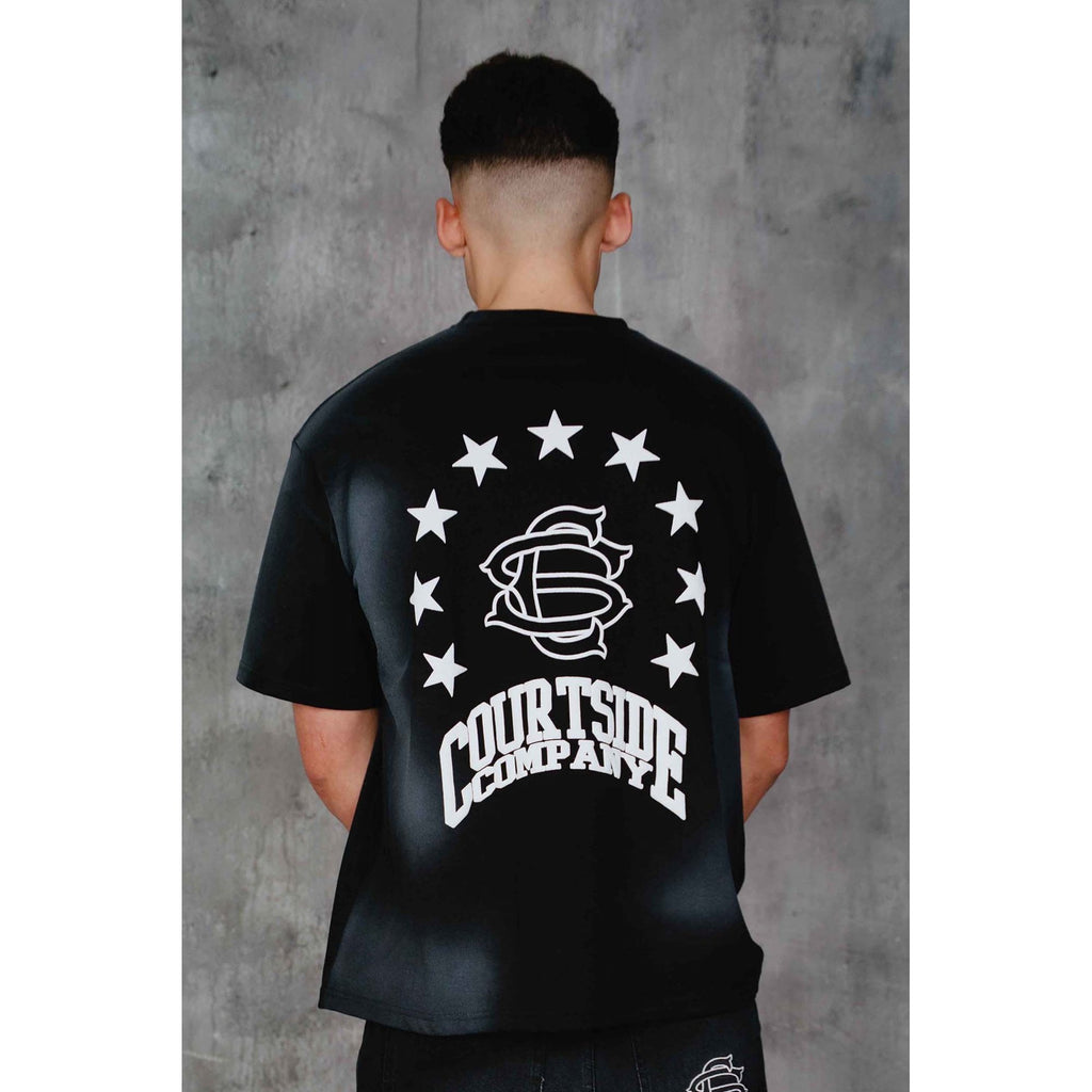 Courtside | Maloy Oversized Relaxed Fit Enlarge Logo Back Print Half Sleeve T-Shirt - Black