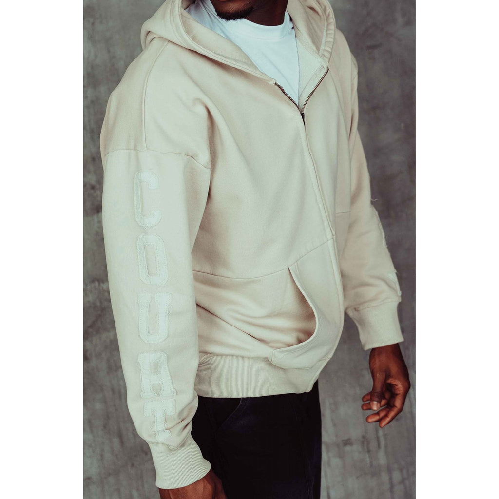Courtside | Joyner Oversized Relaxed Fit Fill Zip Stitched Print To Arm Hood Top - Ecru