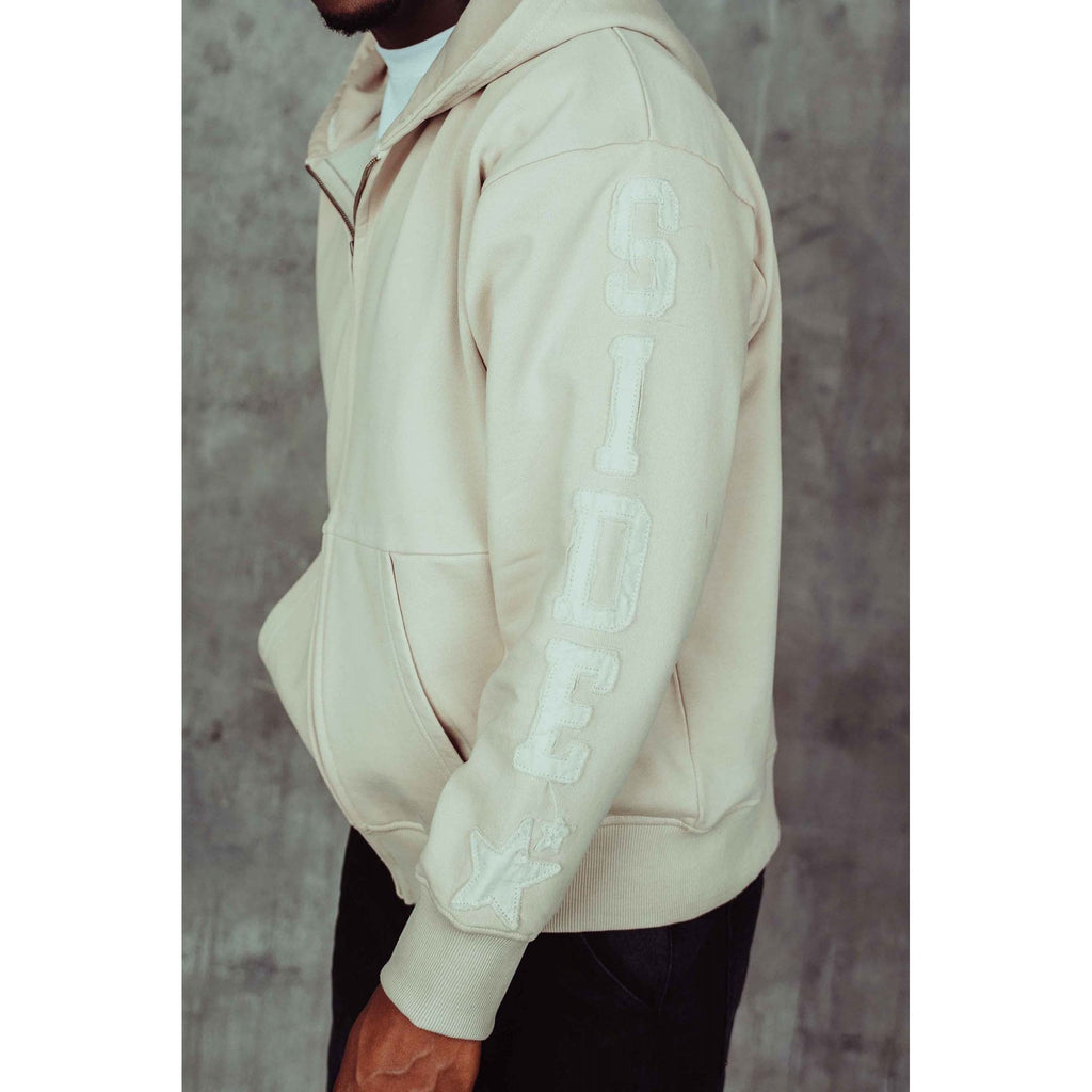 Courtside | Joyner Oversized Relaxed Fit Fill Zip Stitched Print To Arm Hood Top - Ecru