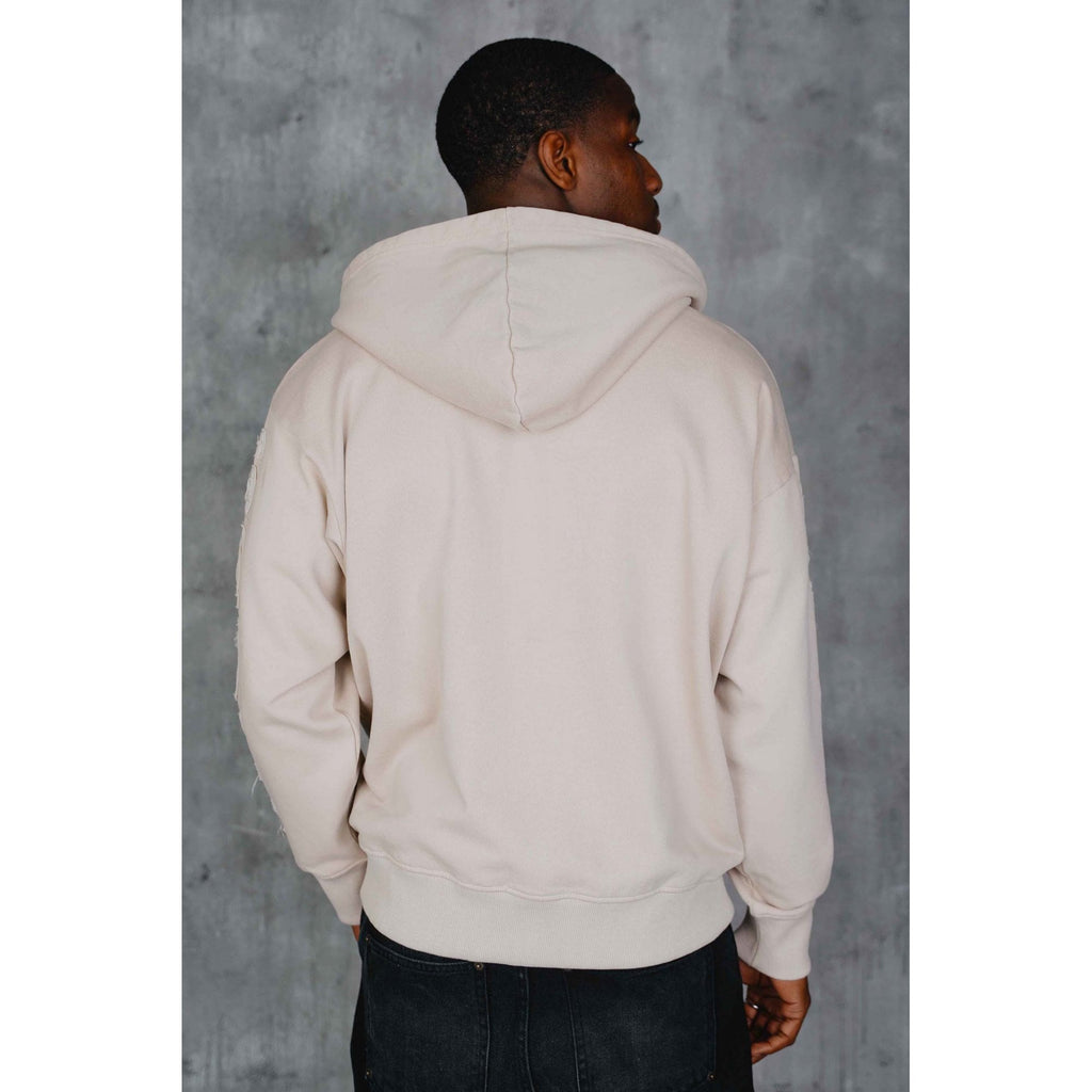 Courtside | Joyner Oversized Relaxed Fit Fill Zip Stitched Print To Arm Hood Top - Ecru