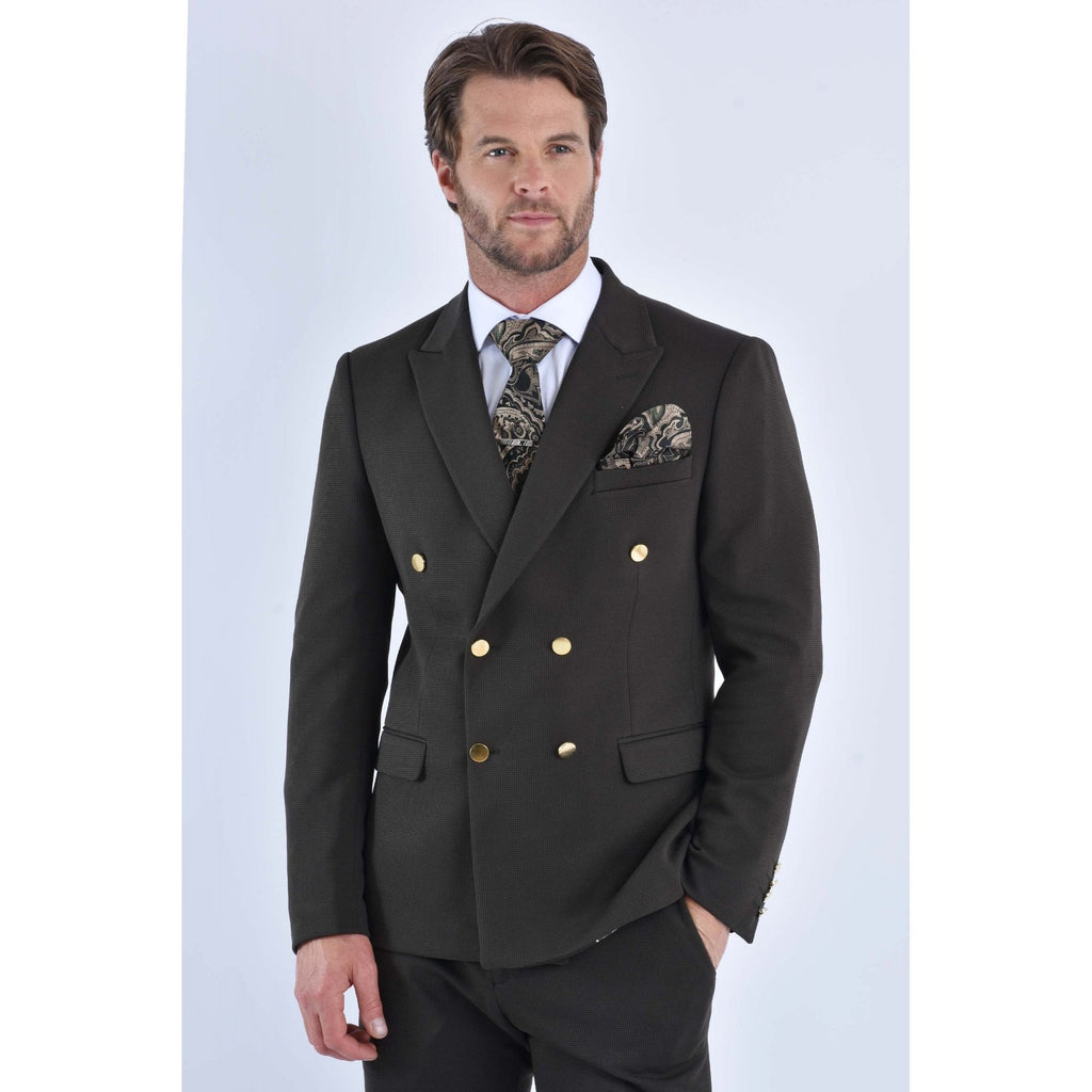 CB Gold Button Tailored Slim Fit Double Breasted Textured Blazer