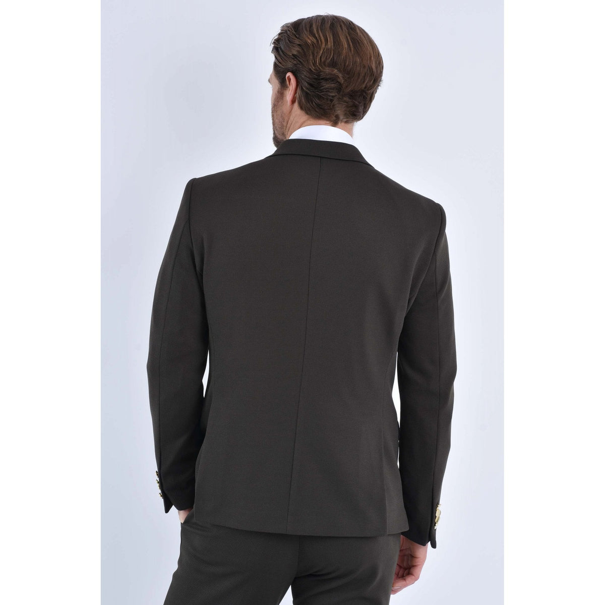 CB Gold Button Tailored Slim Fit Double Breasted Textured Blazer