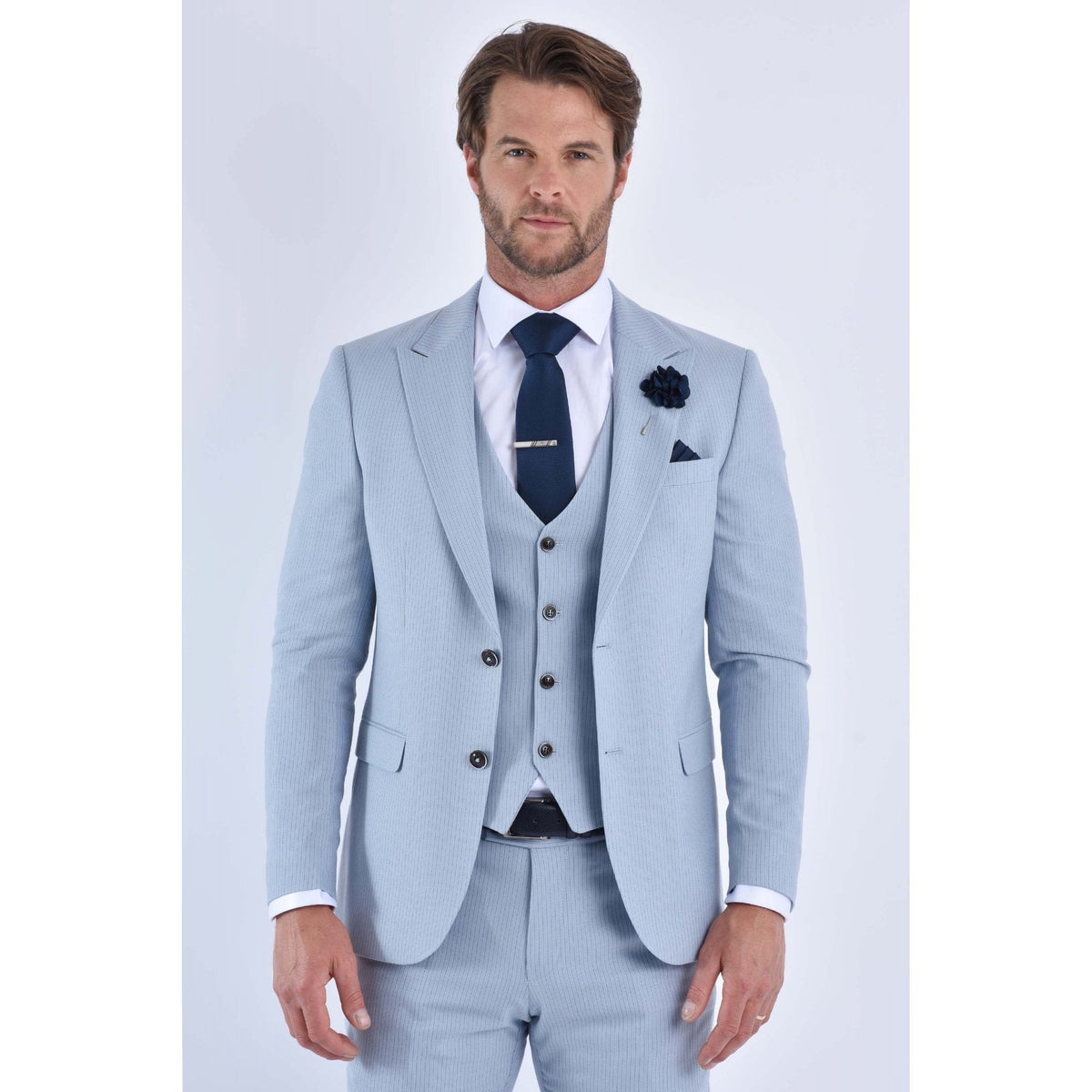 CB Turn Tailored Slim Fit Pinstripe Single-Breasted 3 Piece Suit - Sky Blue