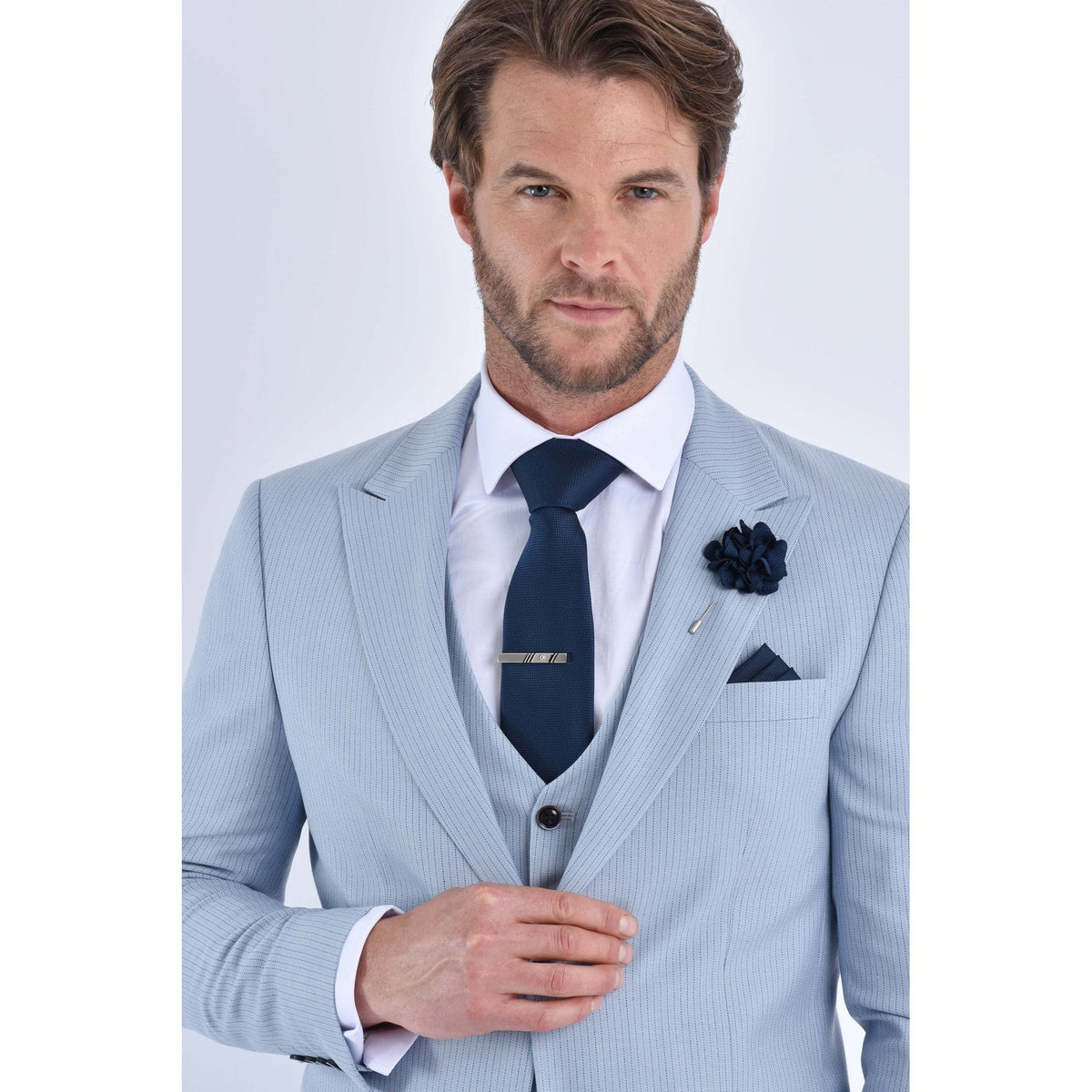 CB Turn Tailored Slim Fit Pinstripe Single-Breasted 3 Piece Suit - Sky Blue