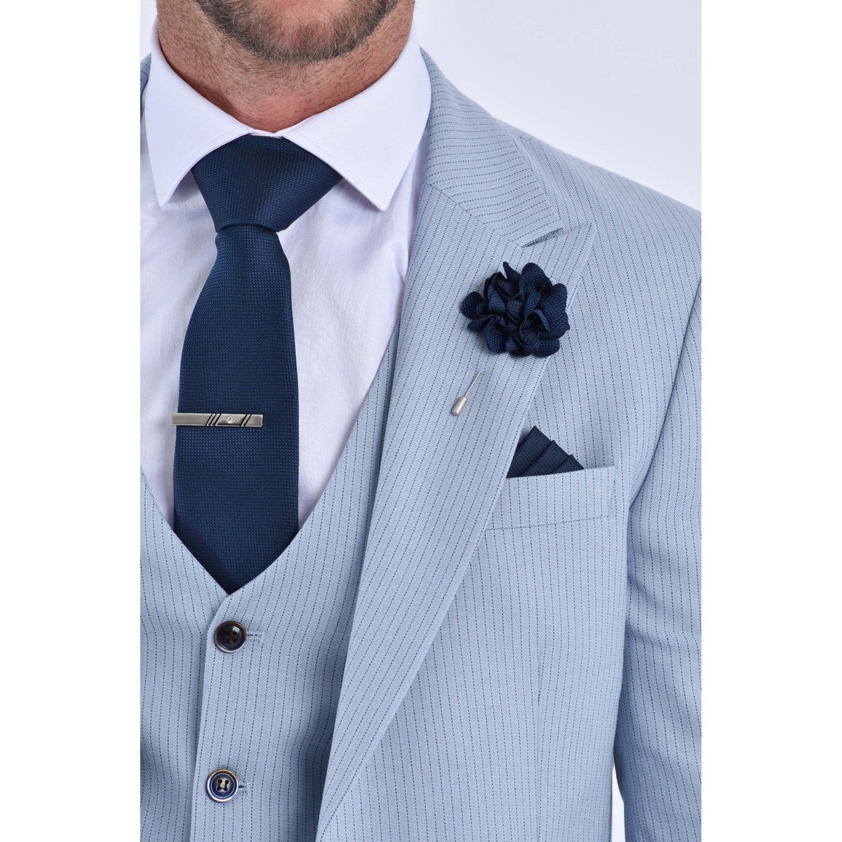 CB Turn Tailored Slim Fit Pinstripe Single-Breasted 3 Piece Suit - Sky Blue