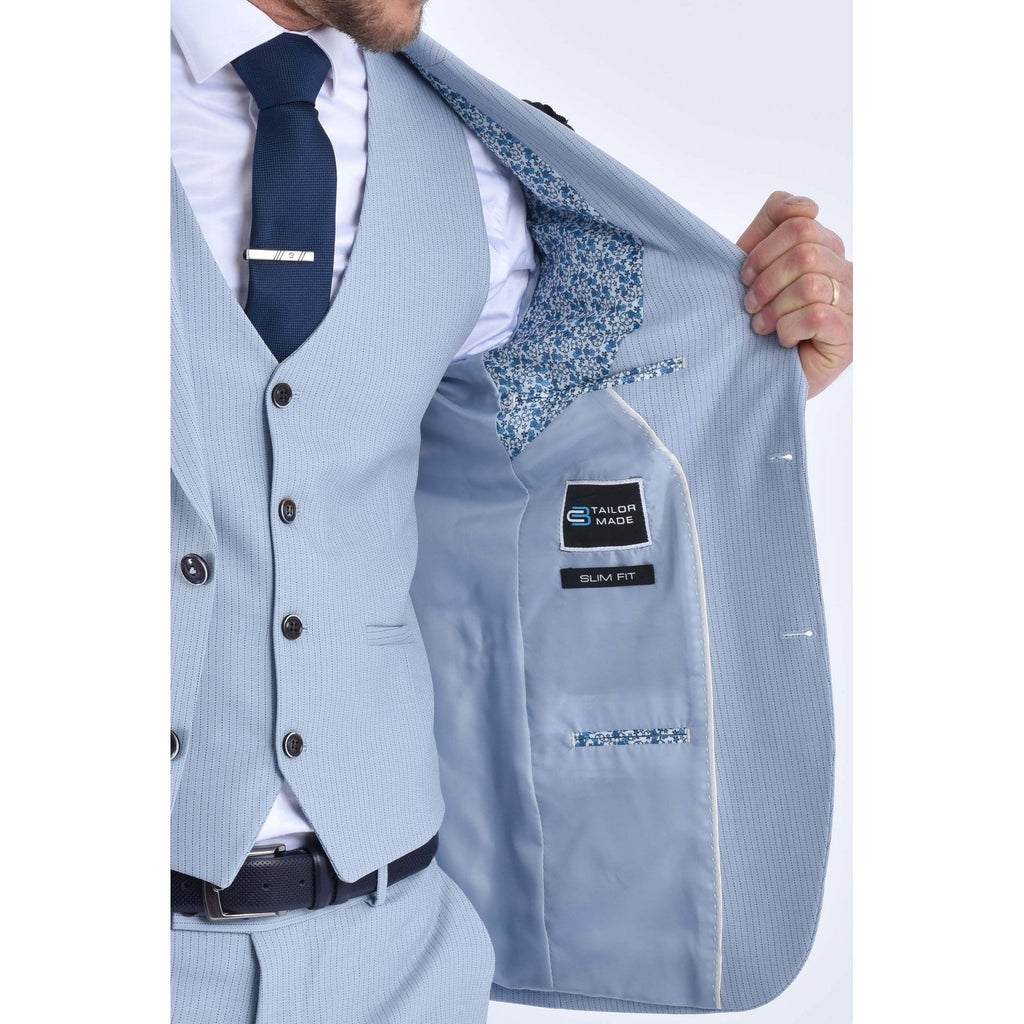 CB Turn Tailored Slim Fit Pinstripe Single-Breasted 3 Piece Suit - Sky Blue