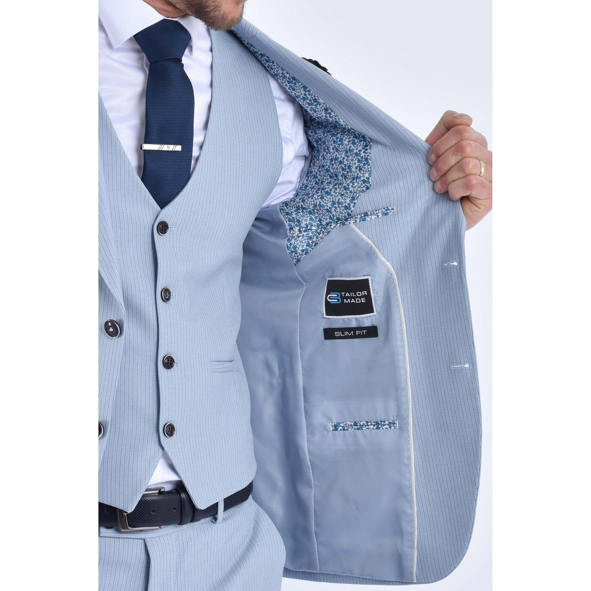 CB Turn Tailored Slim Fit Pinstripe Single-Breasted 3 Piece Suit - Sky Blue