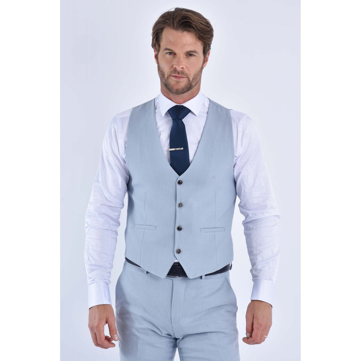 CB Turn Tailored Slim Fit Pinstripe Single-Breasted 3 Piece Suit - Sky Blue