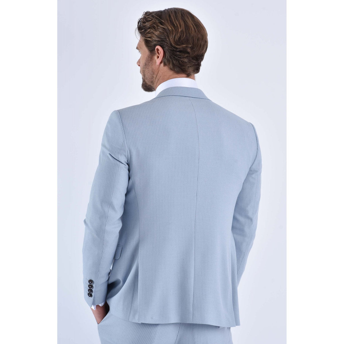 CB Turn Tailored Slim Fit Pinstripe Single-Breasted 3 Piece Suit - Sky Blue