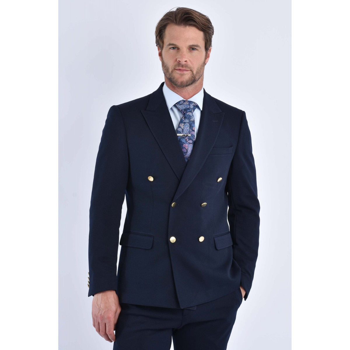 CB Gold Button Tailored Slim Fit Double Breasted Textured Blazer