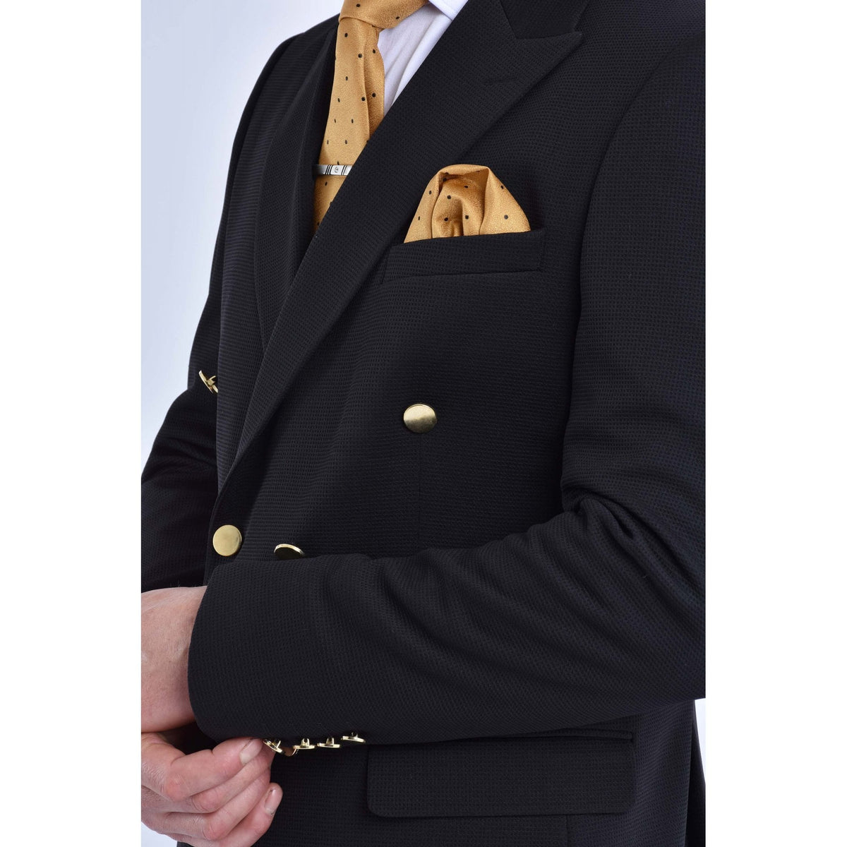 CB Gold Button Tailored Slim Fit Double Breasted Textured Blazer