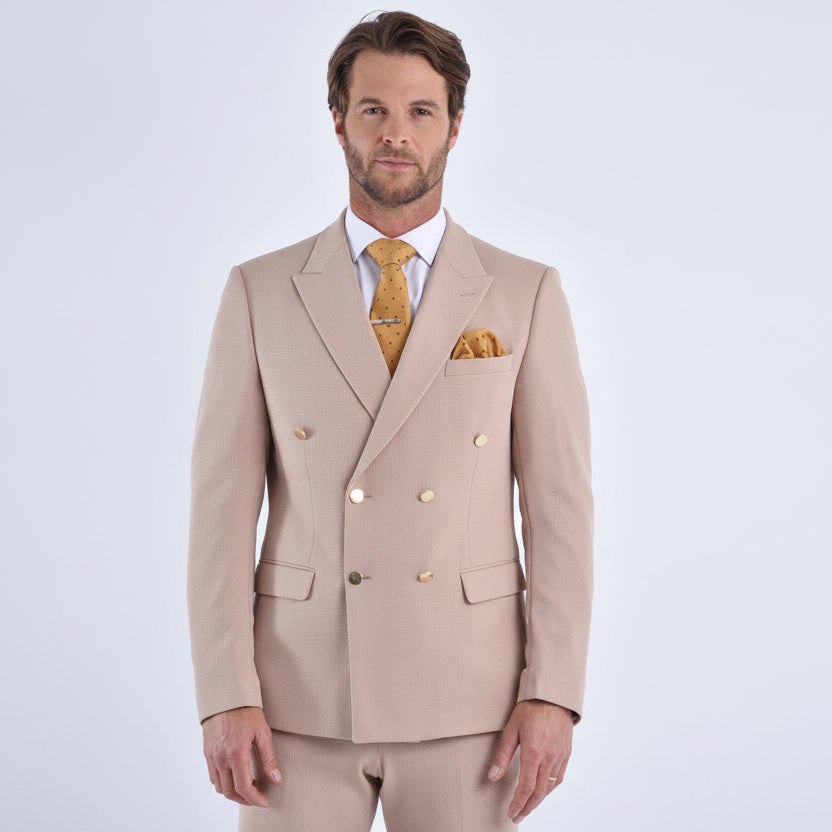 CB Gold Button Tailored Slim Fit Double Breasted Textured Blazer