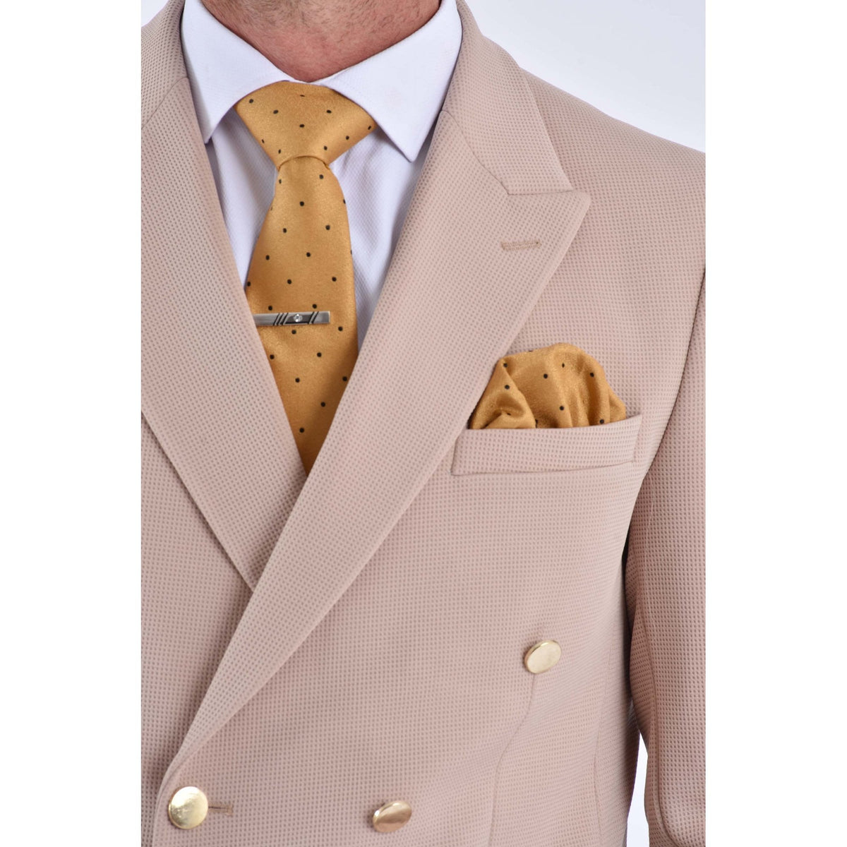 CB Gold Button Tailored Slim Fit Double Breasted Textured Blazer