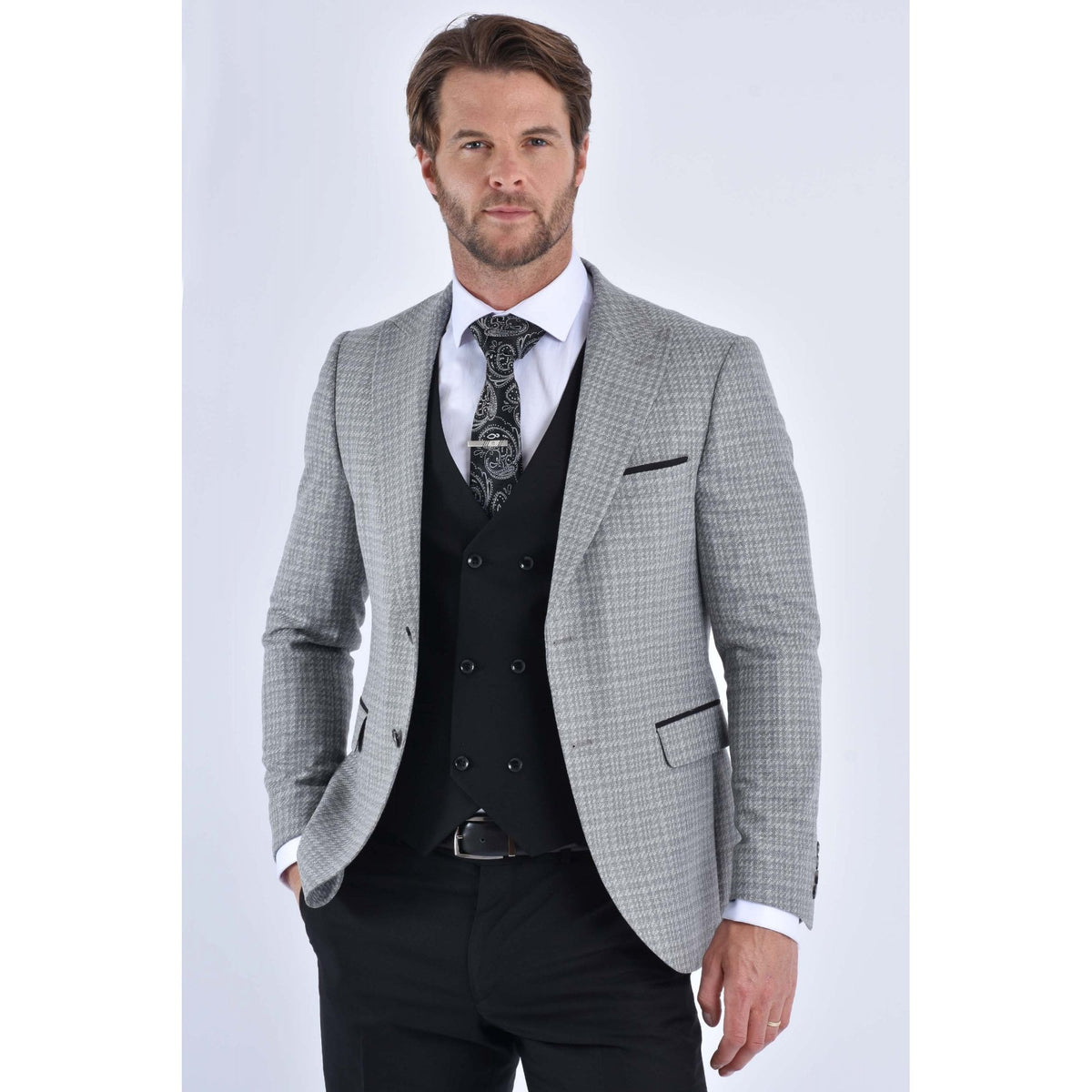 CB Chester Tailored Slim Fit Contrast Houndstooth Print Blazer - Grey