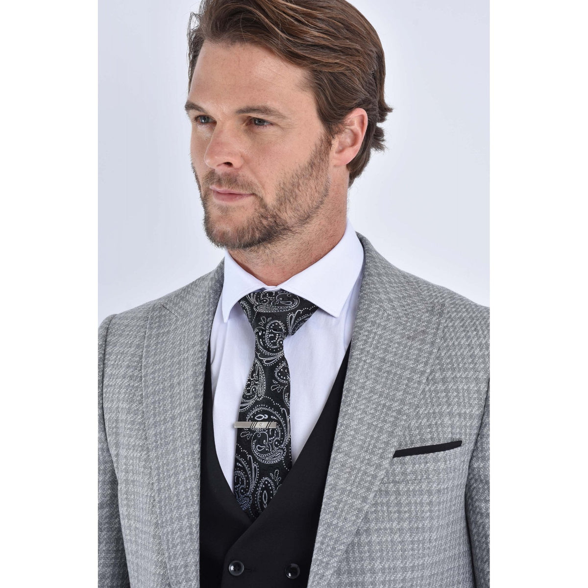 CB Chester Tailored Slim Fit Contrast Houndstooth Print Blazer - Grey
