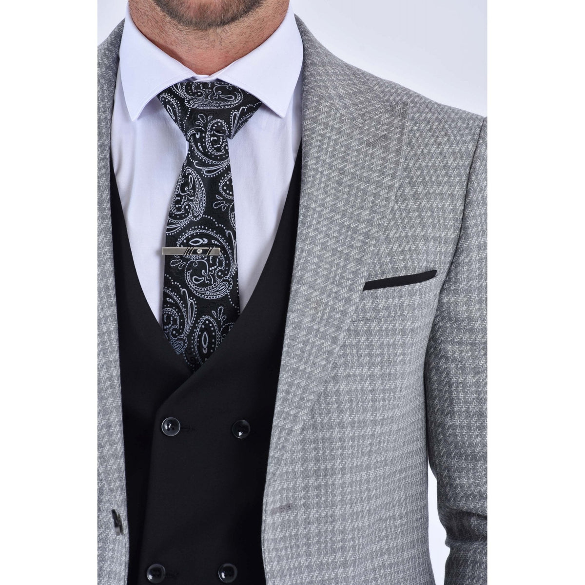 CB Chester Tailored Slim Fit Contrast Houndstooth Print Blazer - Grey