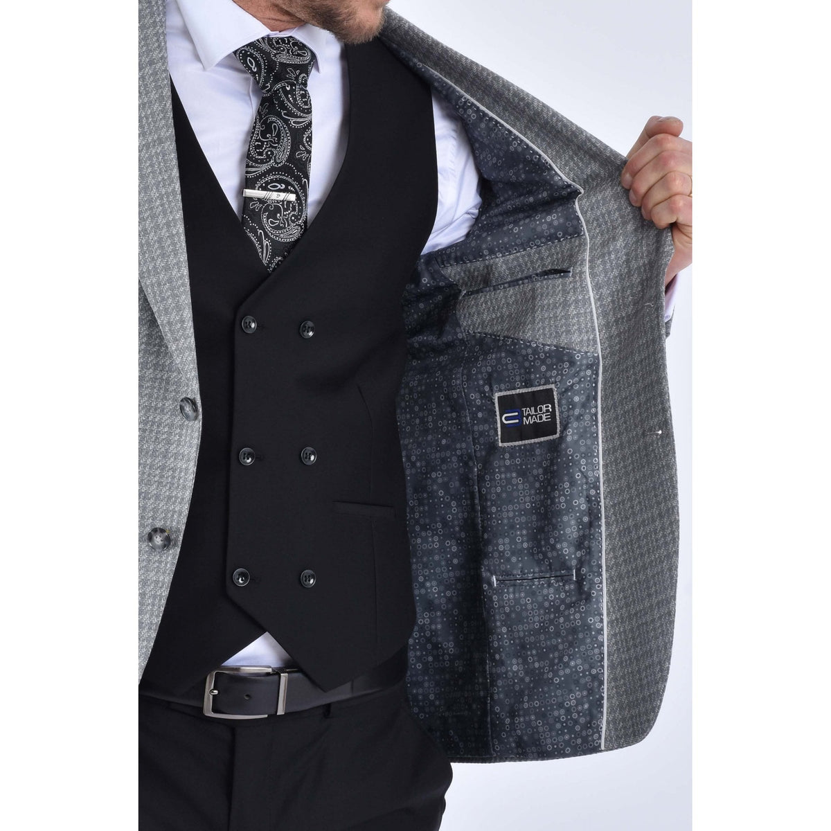CB Chester Tailored Slim Fit Contrast Houndstooth Print Blazer - Grey