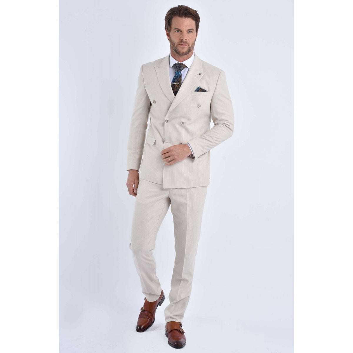 CB Baggi Tailored Slim Fit Pinstripe Double-Breasted 2 Piece Suit - Light Beige