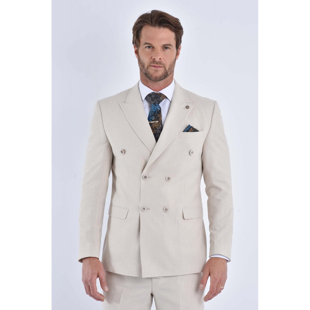 CB Baggi Tailored Slim Fit Pinstripe Double-Breasted 2 Piece Suit - Light Beige