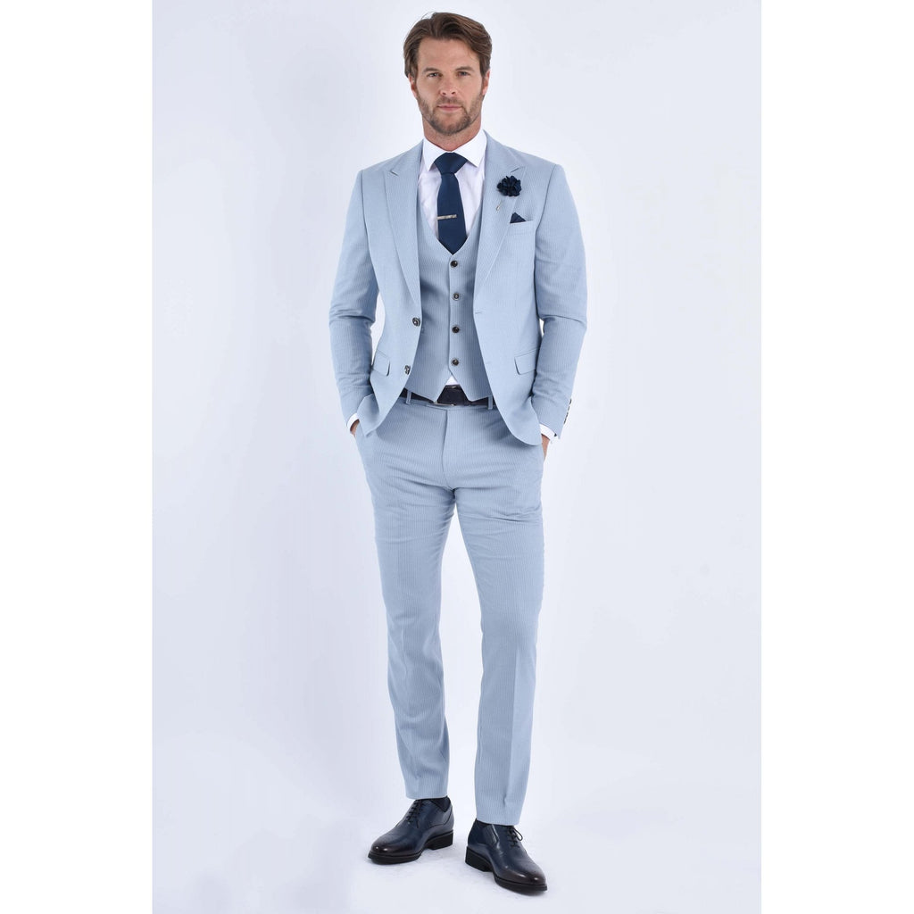 CB Turn Tailored Slim Fit Pinstripe Single-Breasted 3 Piece Suit - Sky Blue