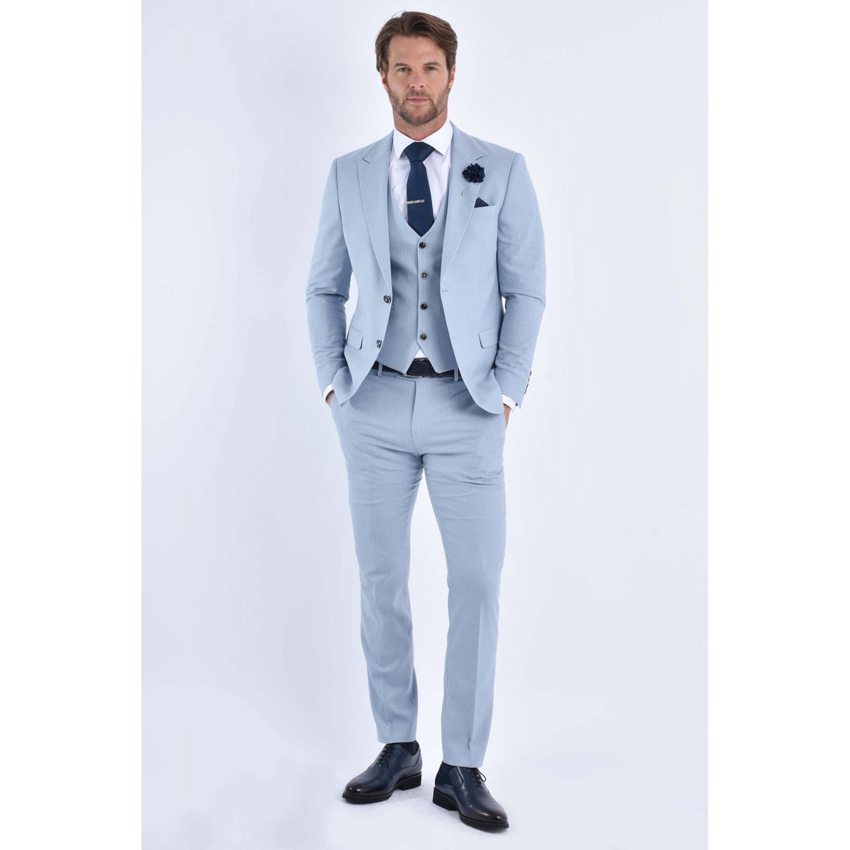 CB Turn Tailored Slim Fit Pinstripe Single-Breasted 3 Piece Suit - Sky Blue