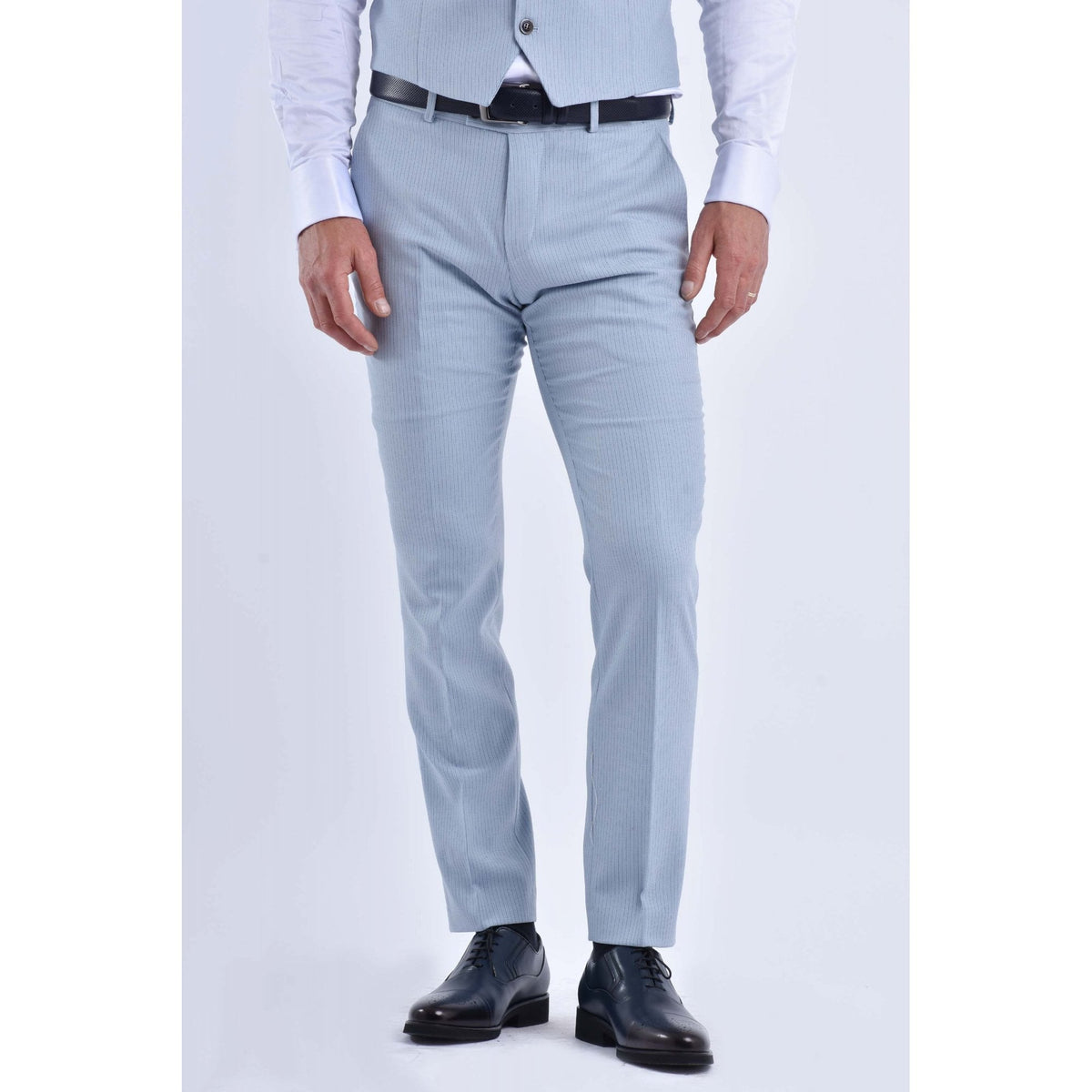CB Turn Tailored Slim Fit Pinstripe Single-Breasted 3 Piece Suit - Sky Blue