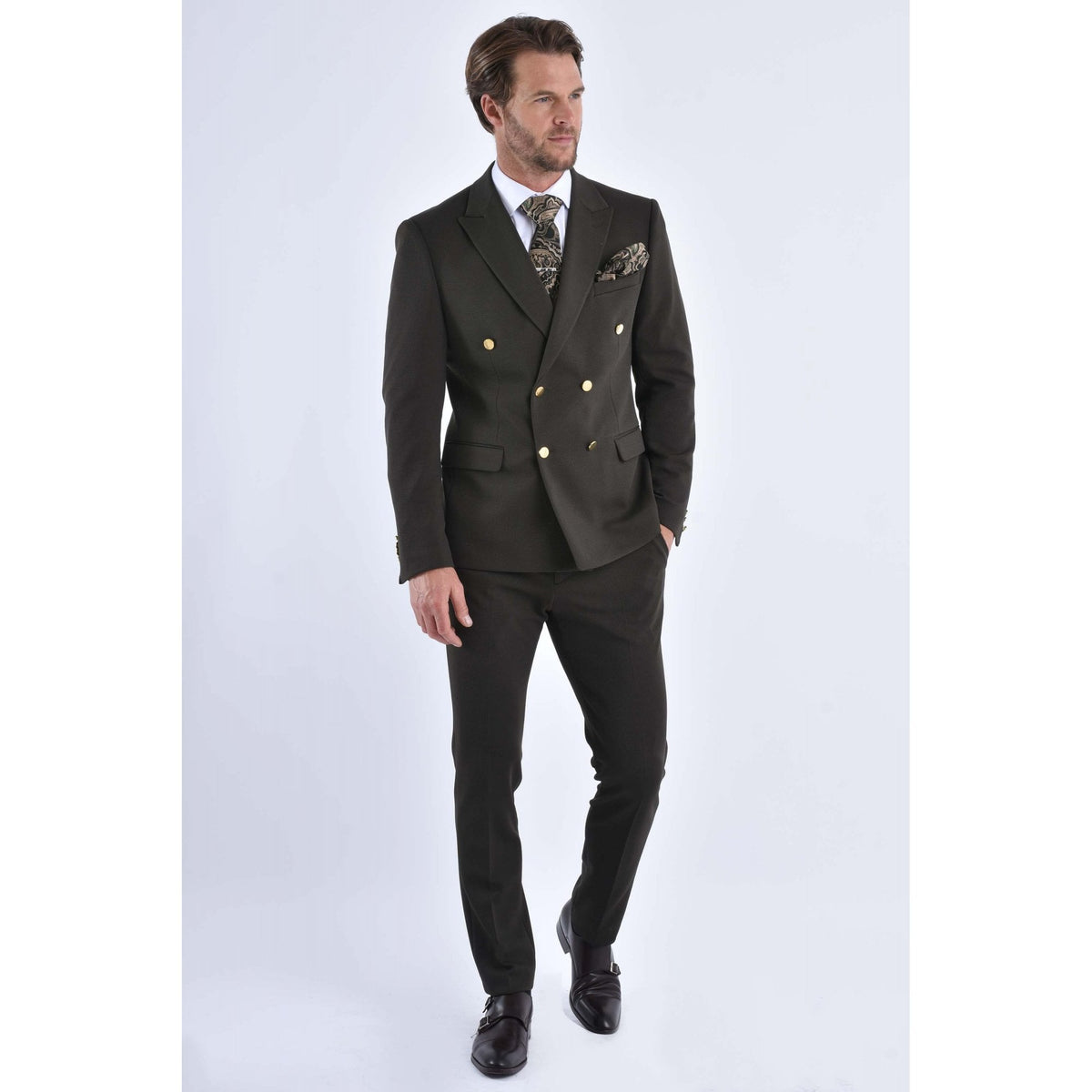 CB Gold Button Tailored Slim Fit Double Breasted Textured Blazer