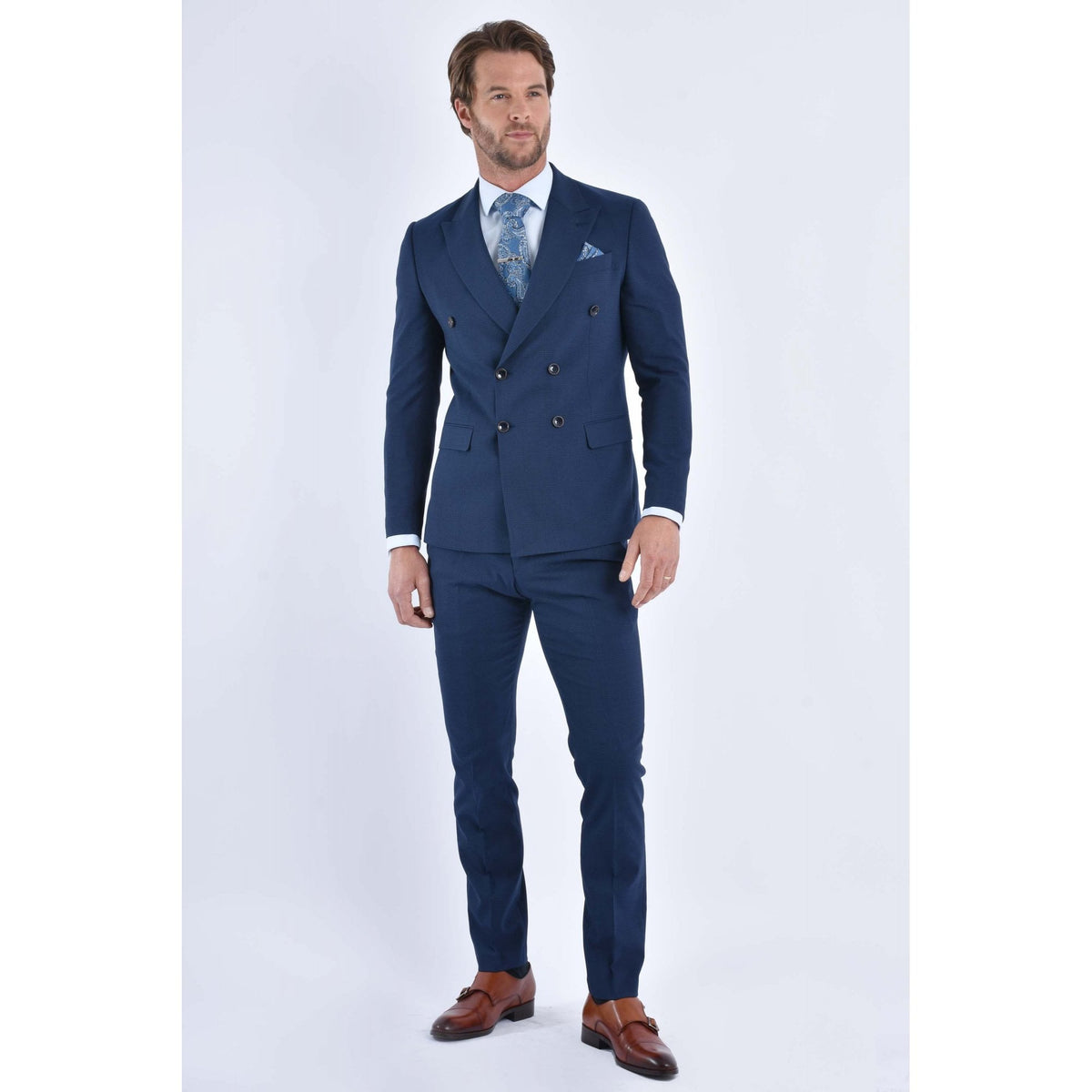 CB Brooklyn Tailored Slim Fit Contrast Check Double-Breasted 2 Piece Suit - Indigo
