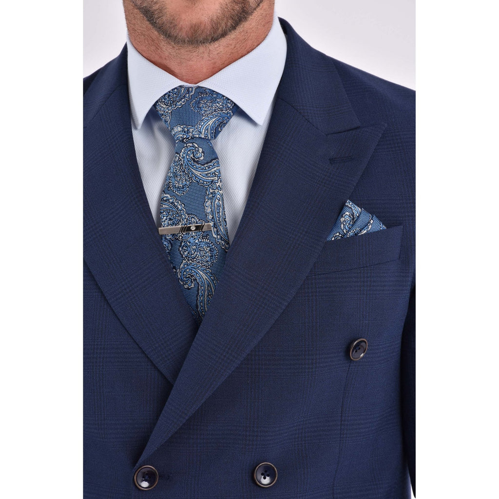 CB Brooklyn Tailored Slim Fit Contrast Check Double-Breasted 2 Piece Suit - Indigo