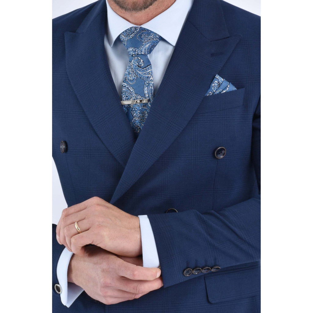 CB Brooklyn Tailored Slim Fit Contrast Check Double-Breasted 2 Piece Suit - Indigo