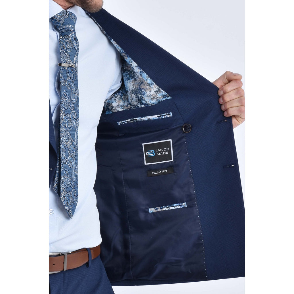 CB Brooklyn Tailored Slim Fit Contrast Check Double-Breasted 2 Piece Suit - Indigo