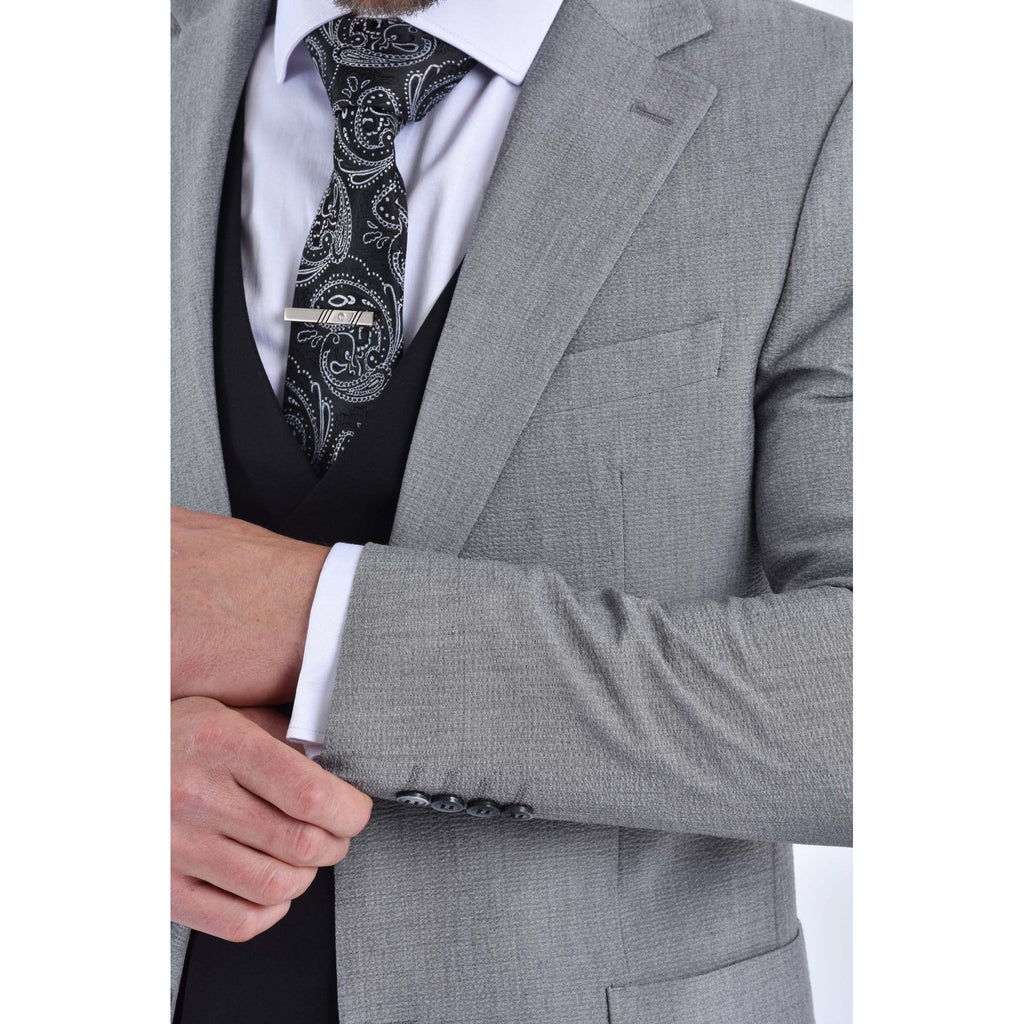 CB Merter Tailored Slim Fit Contrast Textured Crinkle Design Blazer - Grey