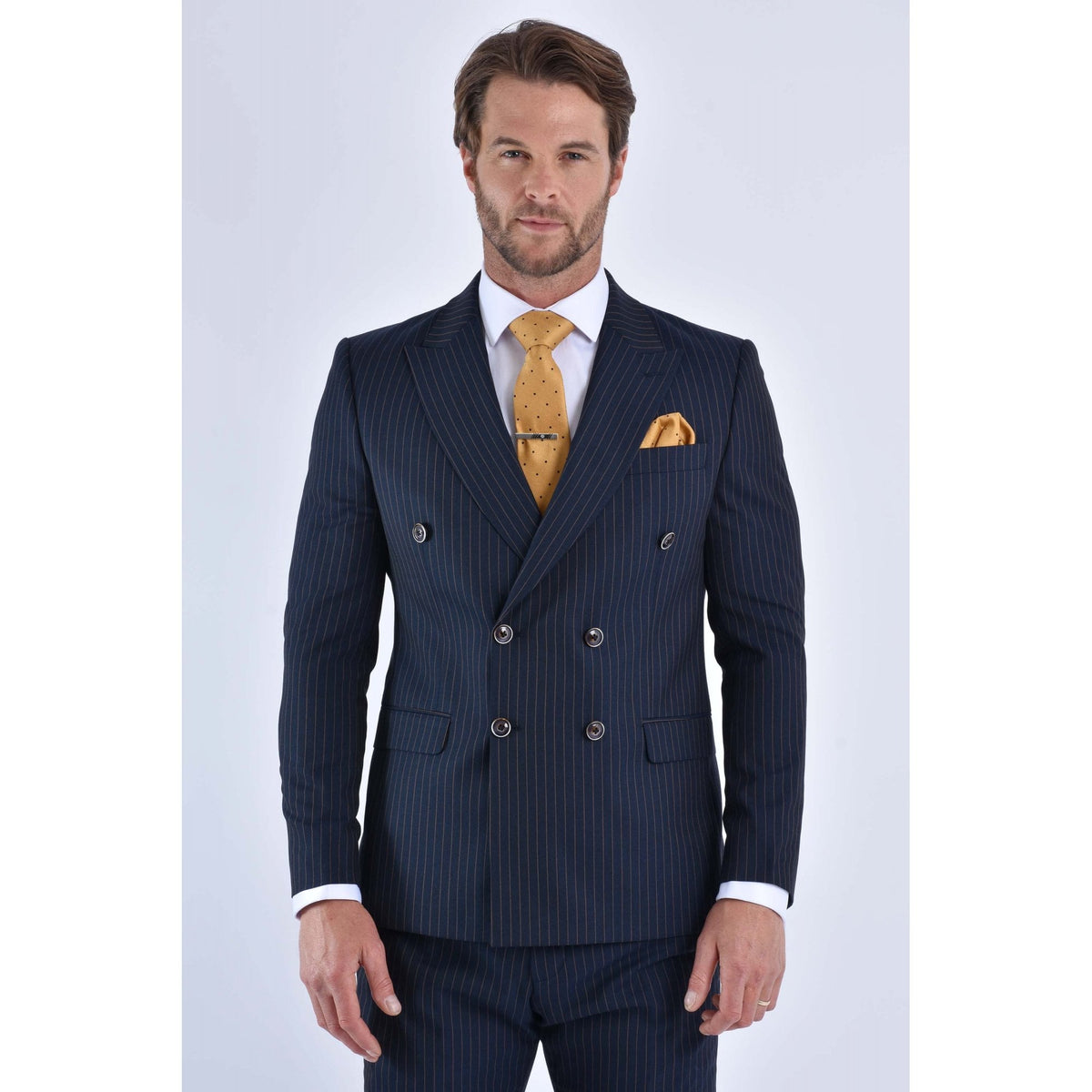 CB Greenwich Tailored Slim Fit Pinstripe Double Breasted Blazer - Navy